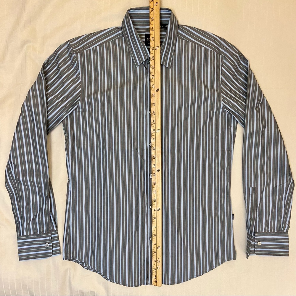 HUGO BOSS slim fit long-sleeve gray/blue/teal striped collared dress shirt sz M - Picture 6 of 11